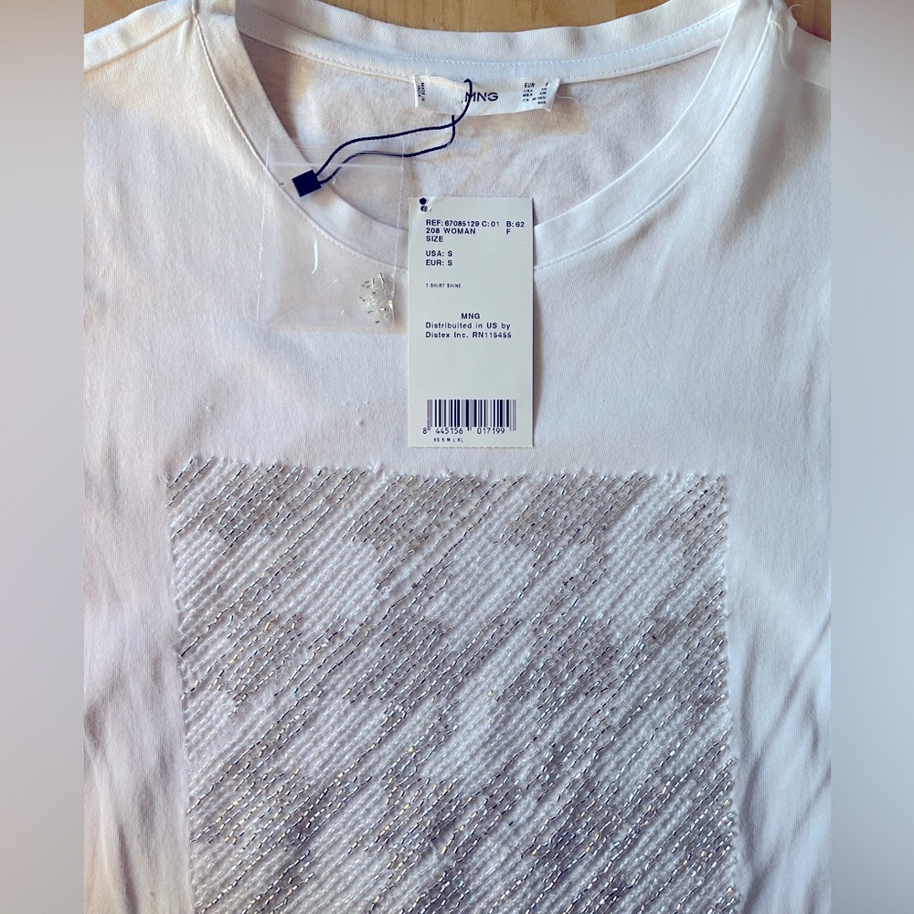 NWT mango tshirt with beads size S white and silver